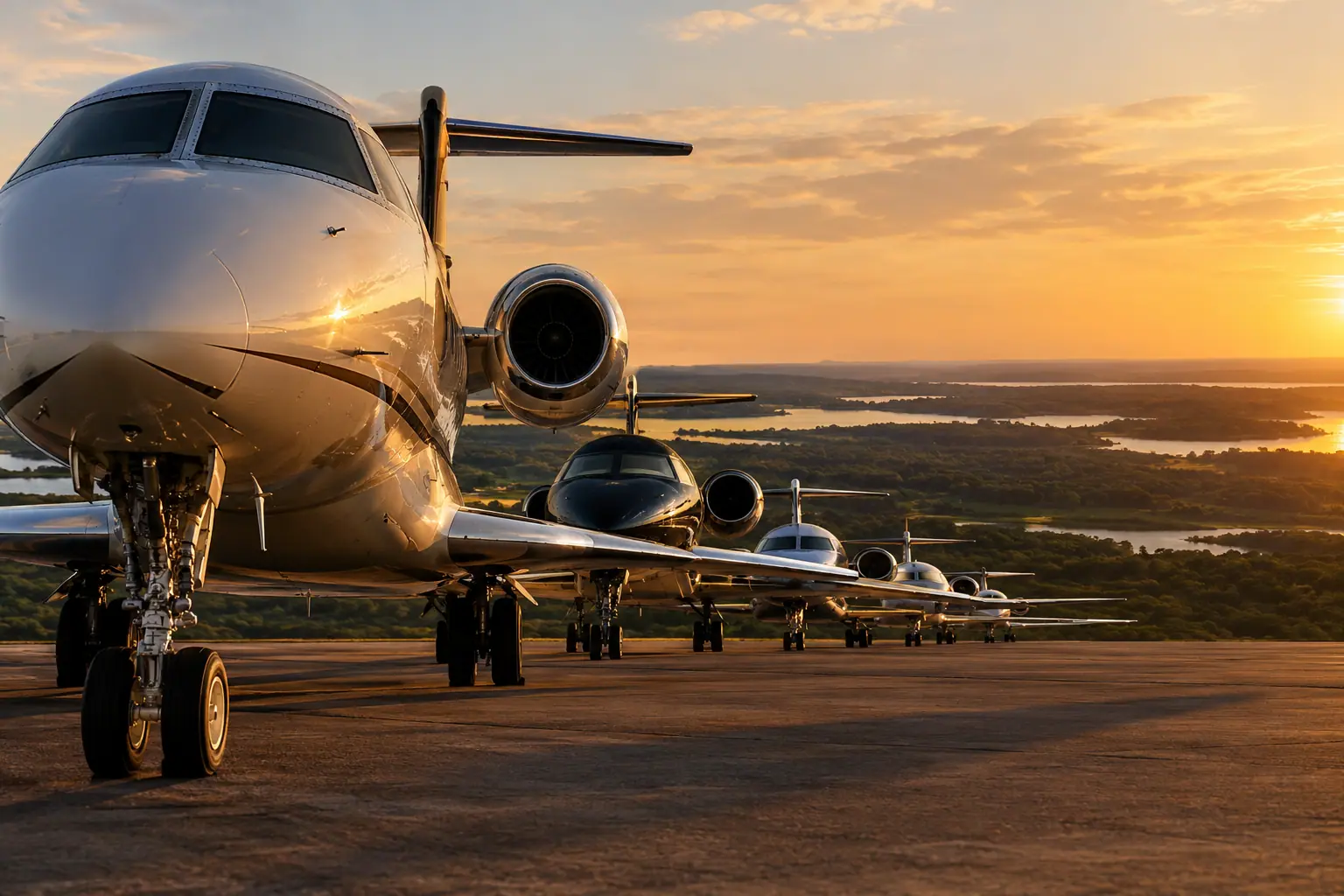 Business jets of different sizes on a ramp